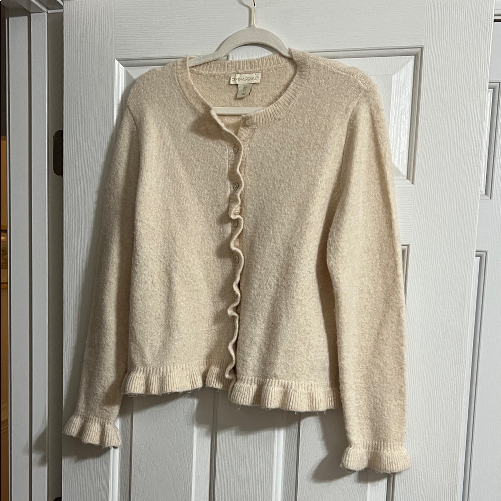Cynthia Rowley Cream Long Sleeve Ruffle Button Down Cardigan Sweater Size Large